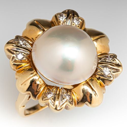 Vintage Mabe Pearl & Diamond Cocktail Ring 14k Yellow Gold