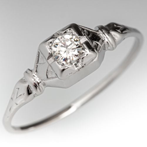 Vintage Petite Diamond Solitaire Engagement Ring White Gold