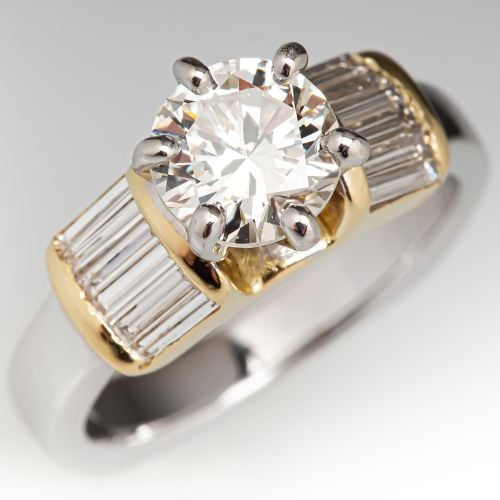 Diamond Engagement Ring w/ Baguettes 14K Two Tone Gold 1.02ct G/VS2