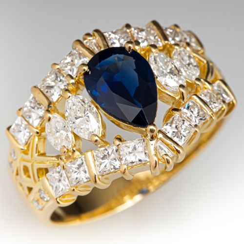 Blue Sapphire & Diamond Openwork Ring 18K Yellow Gold