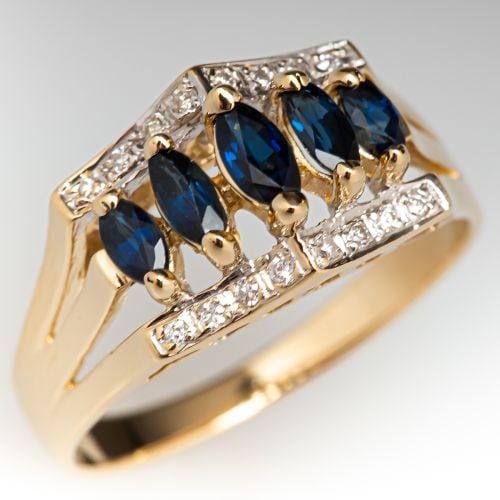 Marquise Sapphire & Diamond Ring 14K Yellow Gold