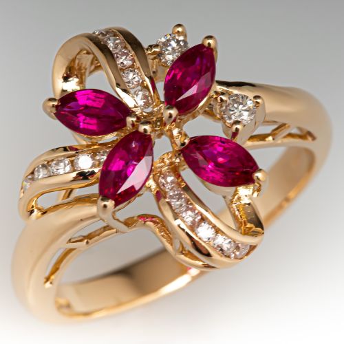 Floral Design Ruby & Diamond Ring 14K Yellow Gold
