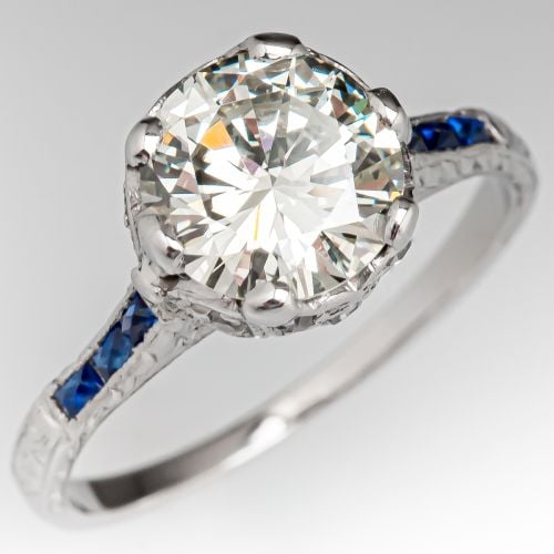 1 Carat Vintage Diamond Engagement Ring w/ Blue Accents 1.08ct N/VS1 GIA