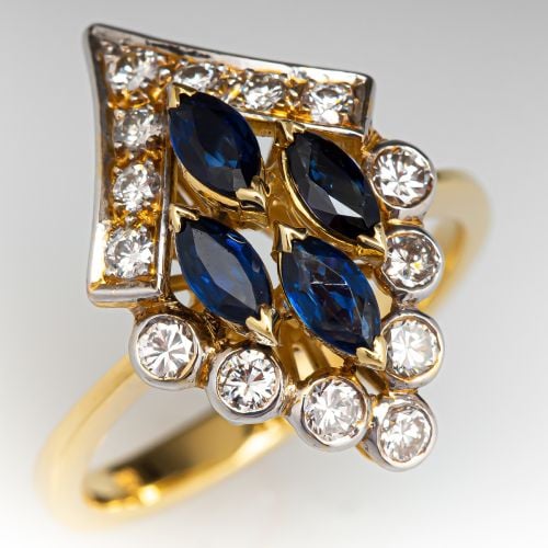 Marquise Cut Blue Sapphire & Diamond Ring 18K Two Tone Gold