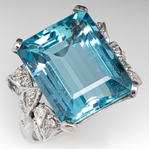 Gorgeous Vintage Pear Aquamarine & Baguette Diamond Ring Platinum