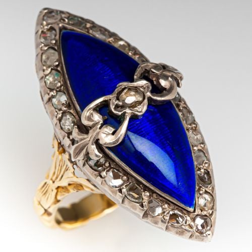 Mid-Victorian Navette Blue Enamel & Diamond Ring
