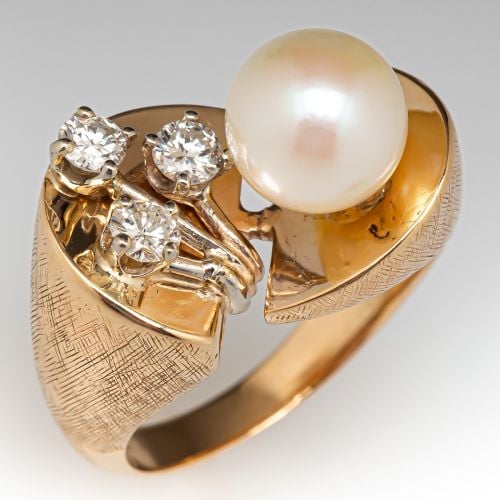 Vintage Saltwater Pearl & Diamond Floral Style Ring 14K Yellow Gold
