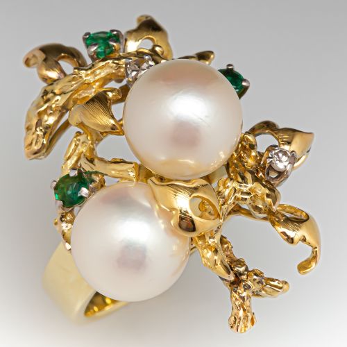 Saltwater Pearl, Diamond & Emerald Cocktail Ring 14K Yellow Gold