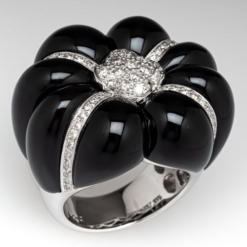 Gorgeous Art Deco Inspired Black Onyx & Diamond Ring 14K White Gold