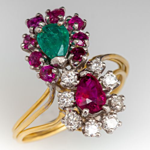 Emerald, Ruby & Diamond Floral Ring 18K Yellow Gold