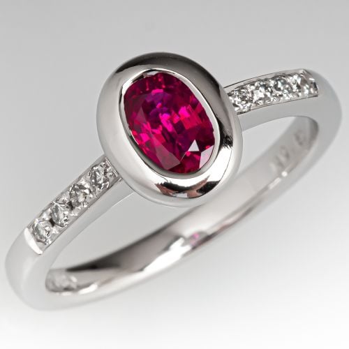 Bezel Set Ruby Engagement Ring w/ Diamond Accents 14K White Gold