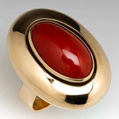 Vintage Cocktail Ring Oval Cab Red Coral 14K Yellow Gold