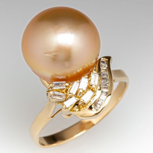 Saltwater Pearl & Diamond Ring 14K Yellow Gold