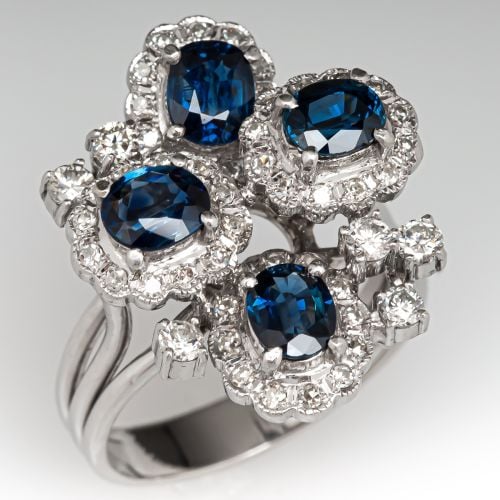 Blue Sapphire & Diamond Cluster Ring 14K White Gold