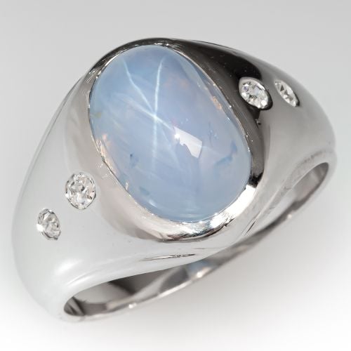 Men's Star Sapphire & Diamond Ring 14K White Gold