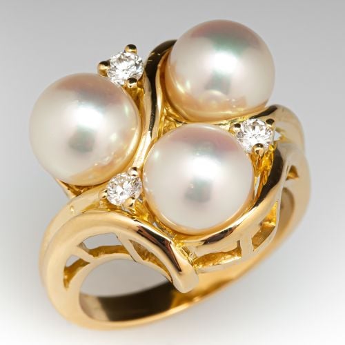 Pearl & Diamond Cluster Ring 18K Yellow Gold