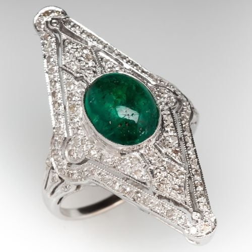 Emerald Cabochon & Diamond Dinner Ring 18K White Gold