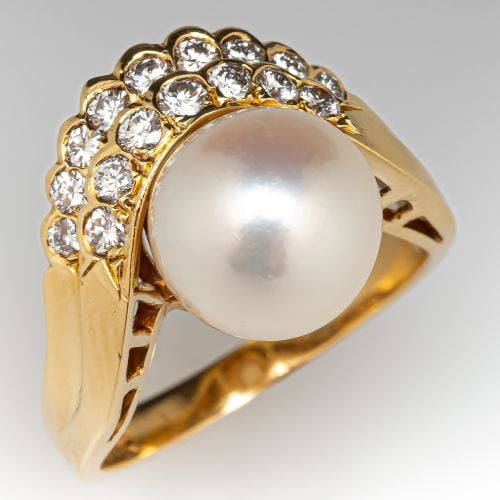 Pearl & Diamond Cocktail Ring 18K Yellow Gold