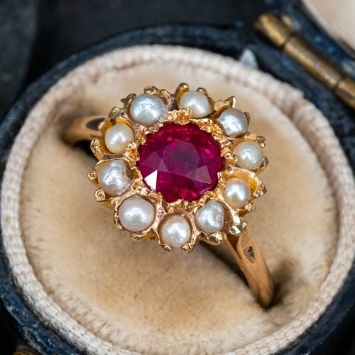 Ruby Ring w/ Seed Pearl Halo 18K Yellow Gold