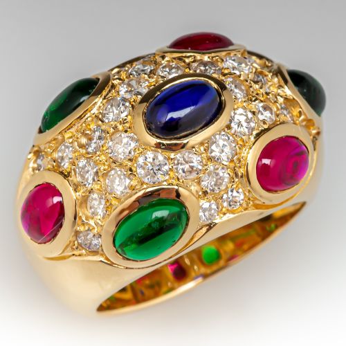 Lab Created Sapphire, Ruby and Emerald Ring w/ Diamonds 18K Yellow Gold