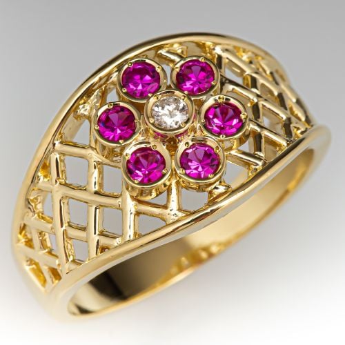 Openwork Lattice Design Diamond & Ruby Ring 18K Yellow Gold