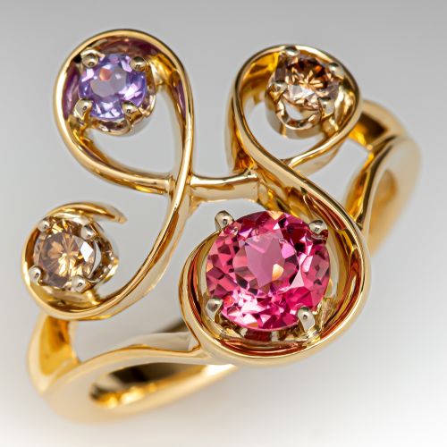 Pink Tourmaline, Alexandrite & Fancy Color Diamond Ring 18K Yellow Gold