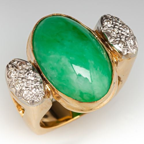 Jadeite Jade & Diamond Ring 14K Yellow Gold