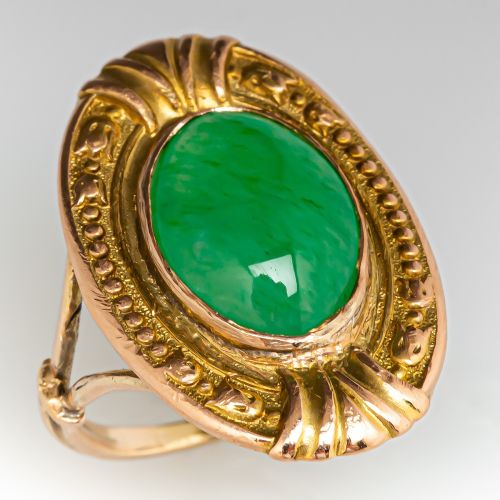 Vintage Jadeite Jade Ring w/ Engraved Floral Details Yellow Gold