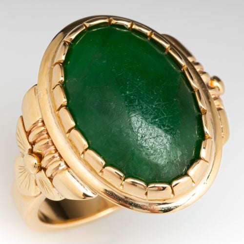 Vintage Oval Cut Jadeite Jade Ring 14K Yellow Gold