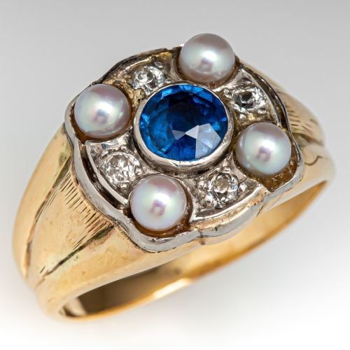 Vintage Blue Sapphire, Diamond & Seed Pearl Ring 14K Two Tone Gold