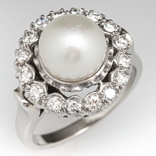 Saltwater Pearl & Diamond Vintage Halo Ring 14K White Gold