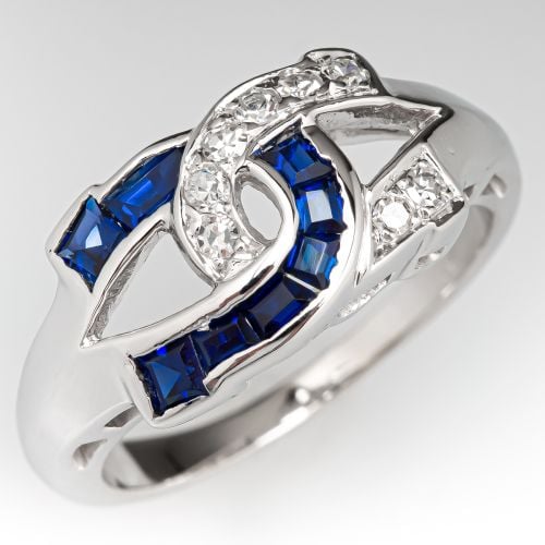 Fabulous Lab Created Blue Sapphire Ring w/ Diamonds 14K White Gold