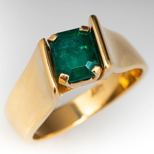 Emerald Solitaire Ring 18K Yellow Gold Wide Band