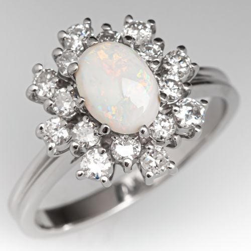 Opal & Diamond Halo Ring 14K White Gold
