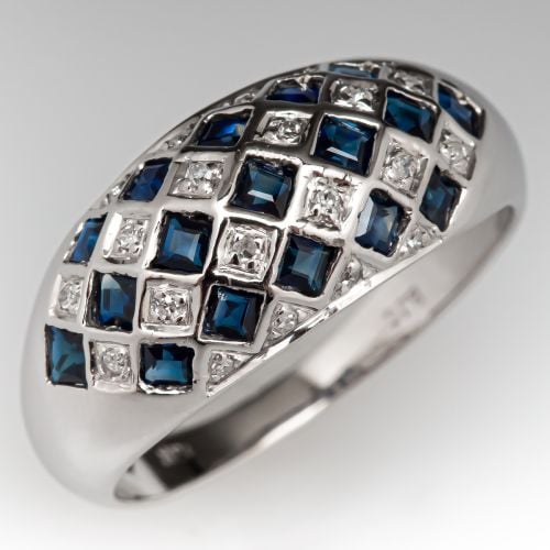 Blue Sapphire & Diamond Checkered Ring 14K White Gold