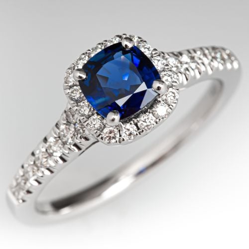 Cushion Cut Blue Sapphire w/ Diamond Halo Engagement Ring 14K
