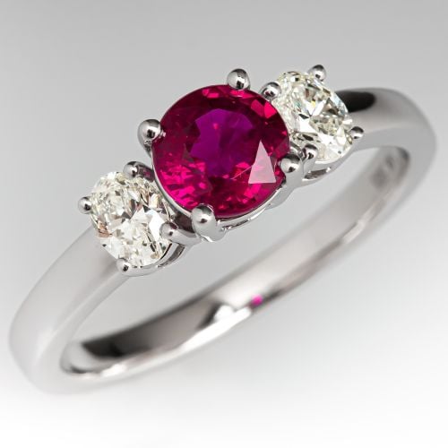 Three Stone Ruby & Diamond Engagement Ring 14K White Gold
