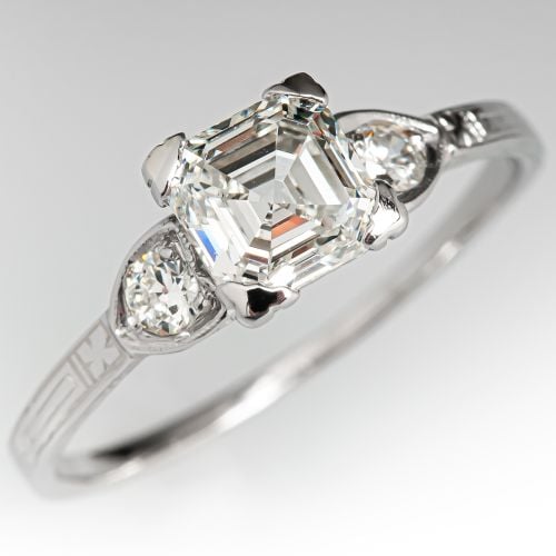 Vintage 1 Carat Square Emerald Cut Diamond Engagement Ring 1.03ct I/SI1 GIA