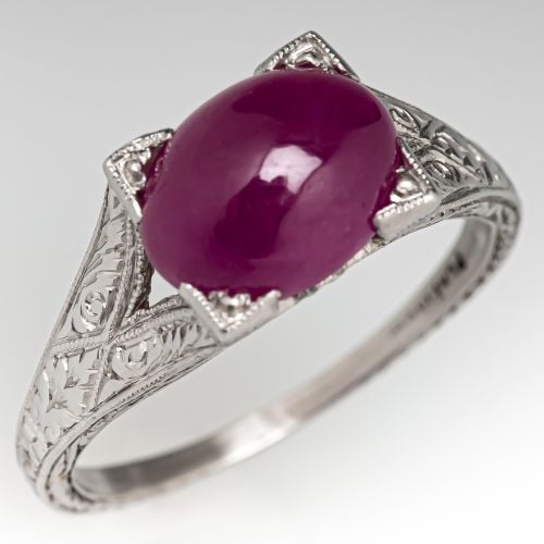 Oval Cut Ruby Ring w/ Engraved Details Platinum