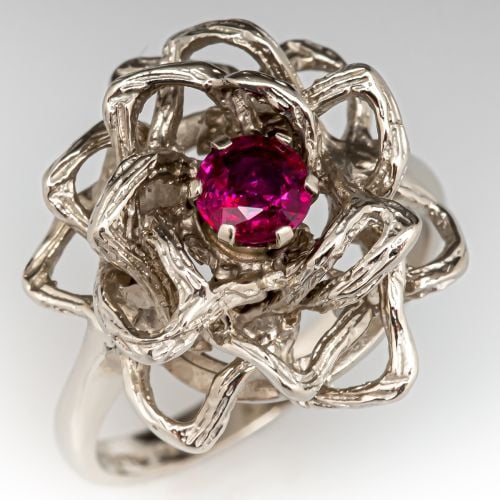 Openwork Floral Design Ruby Ring 14K White Gold