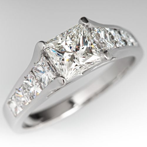 1 Carat Princess Cut Diamond Engagement Ring w/ Accents 1.08ct H/VS1 GIA