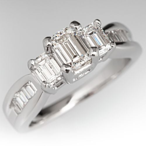 Three Stone Emerald Cut Diamond Engagement Ring Platinum