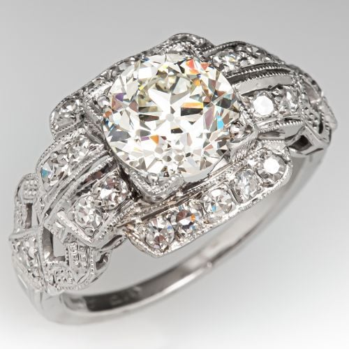 Art Deco Diamond Engagement Ring w/ Accents Platinum 1.63ct L/VS1 GIA