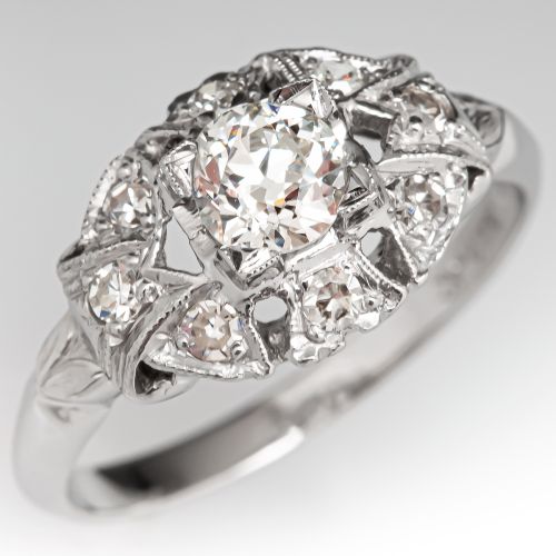 1920's Pierced Design Diamond Engagement Ring w/ Accents Platinum .45ct H/SI1 GIA