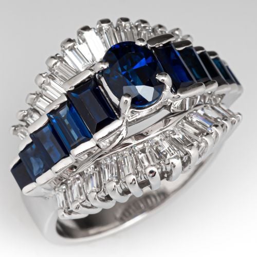 Retro Blue Sapphire & Diamond Ring 14K White Gold