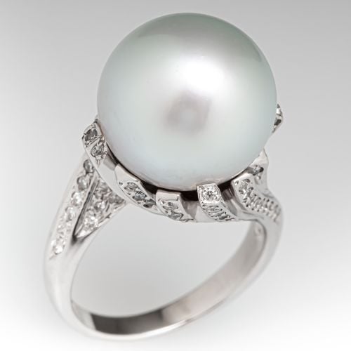 Saltwater Pearl & Diamond Cocktail Ring 14K White Gold