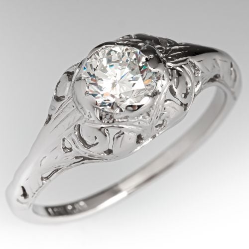 Vintage Diamond Filigree Engagement Ring 14K White Gold .58ct H/I1