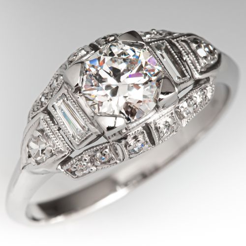 1940's Diamond Engagement Ring w/ Accents Platinum .74ct G/VS2 GIA