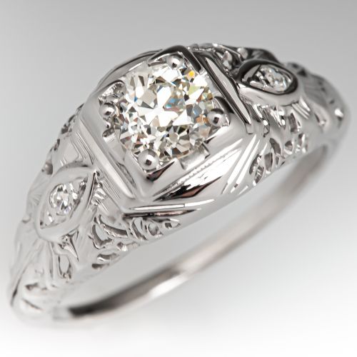 1940's Diamond Engagement Ring Pierced Design 18K White Gold .52ct L/VS1