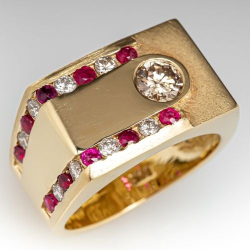 Men's Gypsy Set Diamond & Ruby Ring 14K Yellow Gold